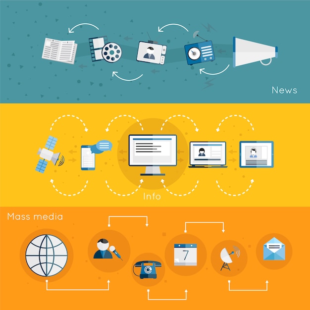 Vector gratuito los medios de comunicación de información de noticias banner plana conjunto con micrófono megáfono satélite aislado ilustración vectorial