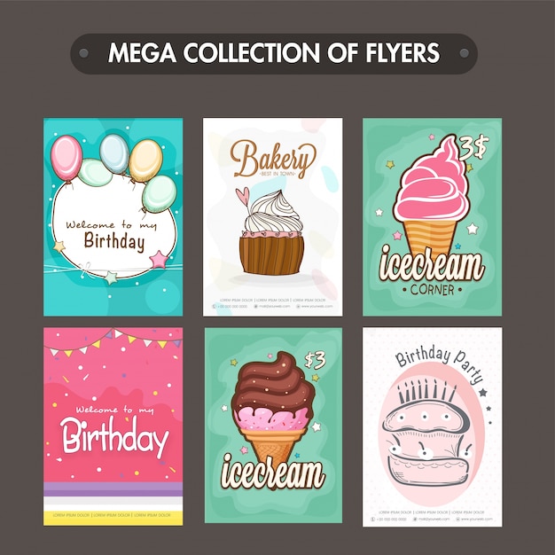 Mega colección de panadería y cumpleaños folletos y plantillas de diseño