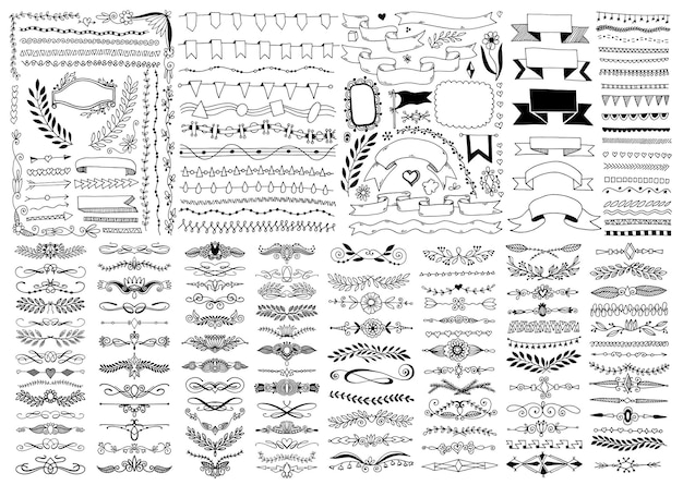 Mega conjunto de elemento de diseño de boceto de doodle de dibujo a mano