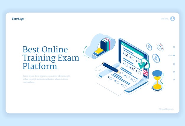 El mejor banner de plataforma de exámenes de capacitación en línea. Concepto de aprendizaje en Internet, acceso digital al examen