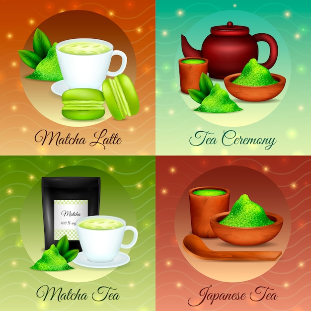 Vector gratuito la mejor ceremonia de té de polvo verde orgánico matcha japonés orgánico postres recetas concepto de iconos realistas
