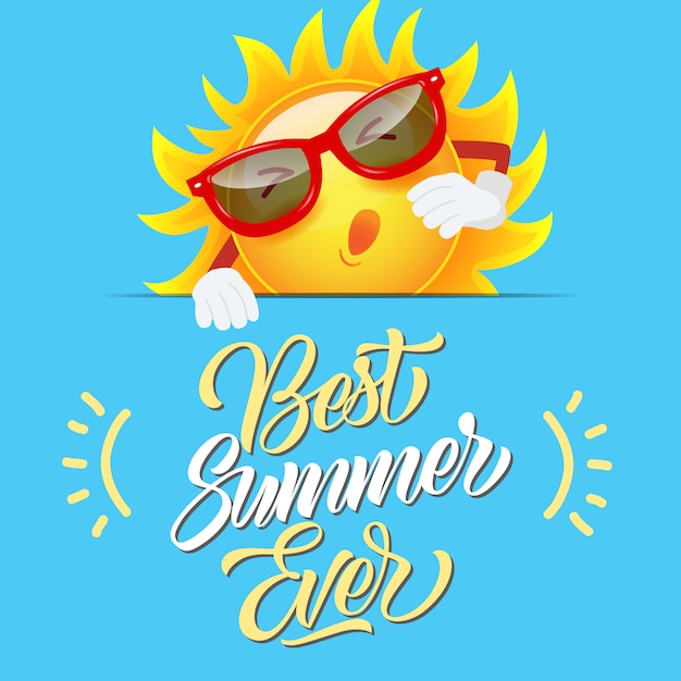 El mejor póster colorido de verano con sol de dibujos animados en gafas de sol