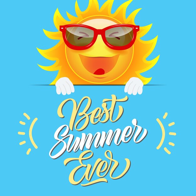 La mejor tarjeta de felicitación de verano con sol de caricatura alegre en gafas de sol