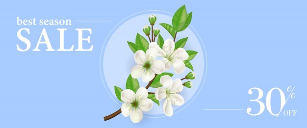 Mejor temporada de venta treinta por ciento de plantilla de banner con rama floreciente de árbol de manzana