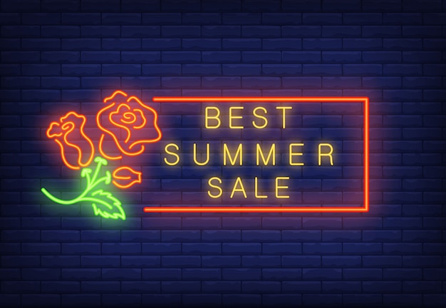 El mejor texto de neón de venta de verano en marco y rosas. oferta de temporada o anuncio de venta