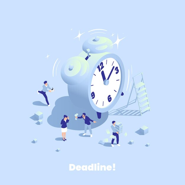 Mejora de la productividad que impulsa la composición isométrica del texto y la imagen del despertador con personajes de la ilustración vectorial de los compañeros de trabajo