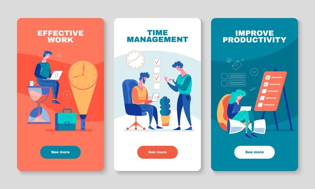 Mejora de la productividad del trabajo 3 banners verticales de pantalla móvil ilustración