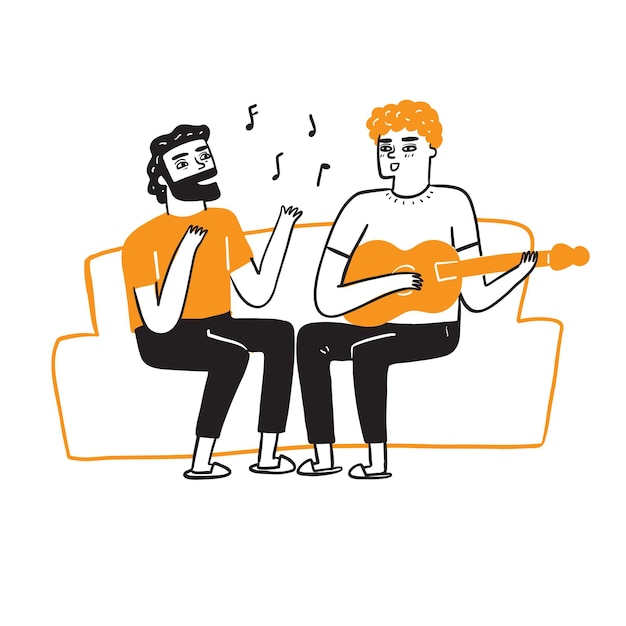 Los mejores amigos están cantando y tocando la guitarra.