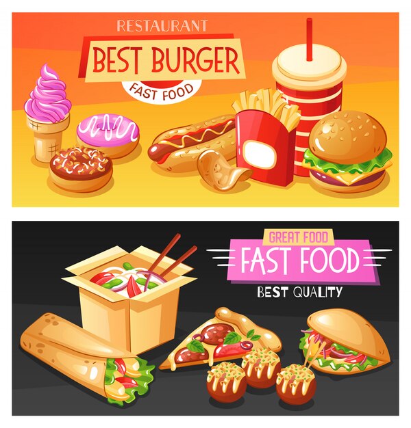Los mejores platos de comida rápida y bebidas ilustración horizontal