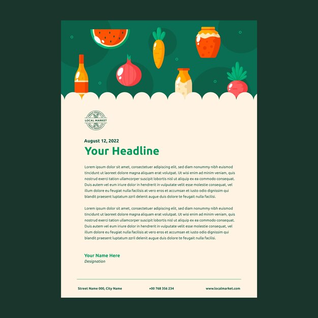Membrete de mercado local de diseño plano con verduras