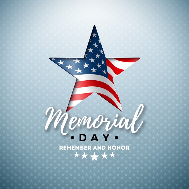 Memorial Day de la plantilla de diseño de EE. UU. Con la bandera estadounidense en el símbolo de estrella