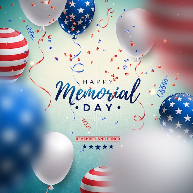 Memorial Day de la plantilla de diseño de Estados Unidos con bandera americana globo aerostático y confeti cayendo sobre fondo azul brillante.