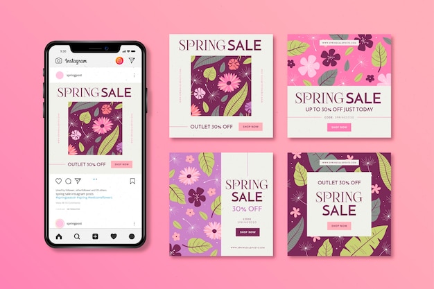 Mensaje de instagram de venta de primavera con teléfono inteligente