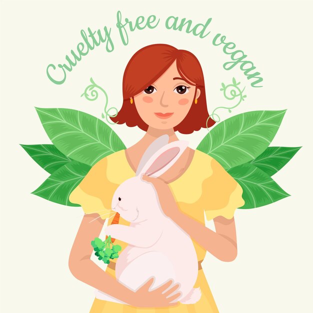 Mensaje vegano y libre de crueldad con mujer sosteniendo un conejito ilustrado