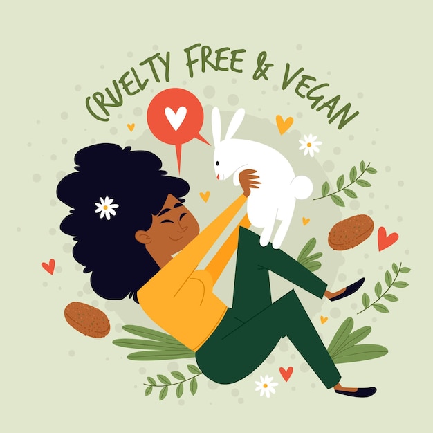 Mensaje vegano y libre de crueldad con mujer sosteniendo un conejito ilustrado