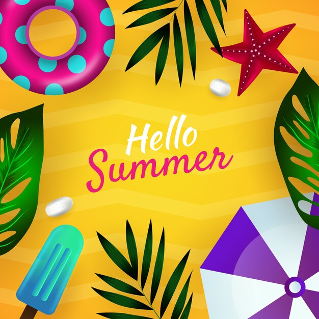 Mensaje de verano realista hola con ilustración de playa