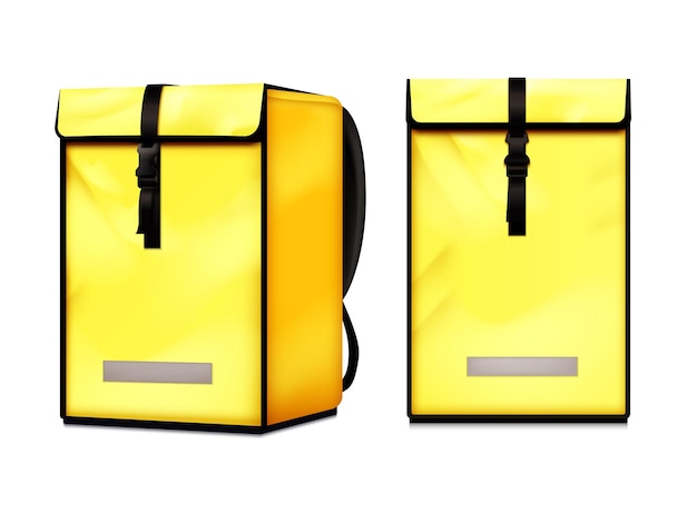Mensajero de entrega de comida caliente con aislamiento mochila bolsa vista lateral frontal conjunto realista amarillo brillante