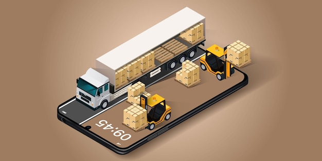 Mensajero isométrico vectorial con paquetes y camiones de repartoservicio de entrega exprés a través de teléfono móvil