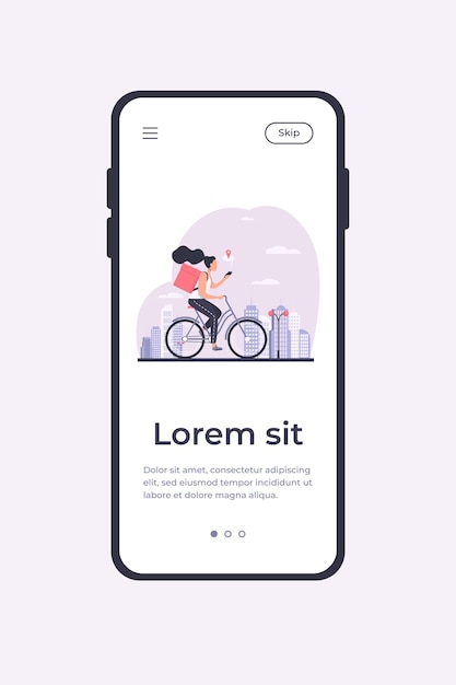 Mensajero montando bicicleta y comprobando la dirección en el teléfono. Mujer entregando orden, usando celular con ilustración de vector plano de mapa. Concepto de servicio de entrega para banner, diseño de sitios web o página web de destino.