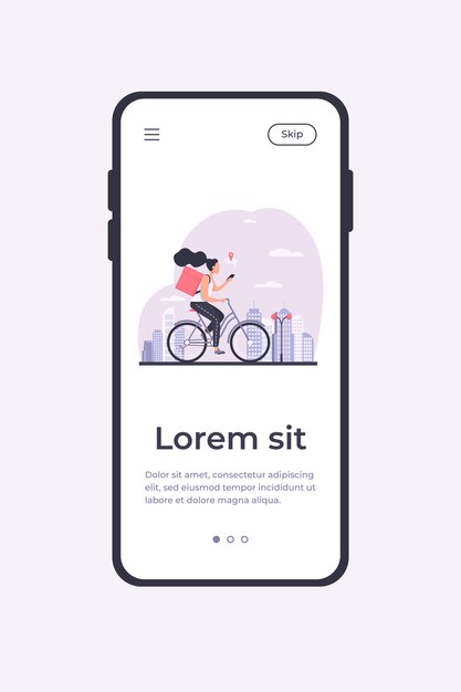 Mensajero montando bicicleta y comprobando la dirección en el teléfono. Mujer entregando orden, usando celular con ilustración de vector plano de mapa. Concepto de servicio de entrega para banner, diseño de sitios web o página web de destino.
