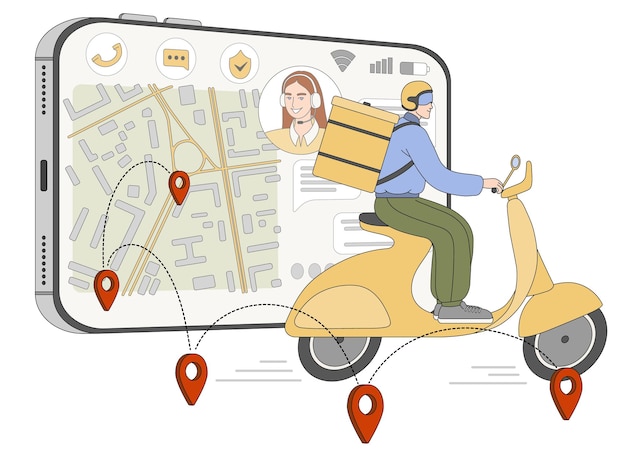 Vector gratuito mensajero plano con mochila en scooter entrega paquetes de alimentos o correos