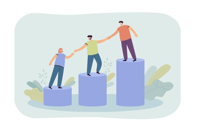 Mentor ayudando a los empleados jóvenes a subir a la cima del gráfico de barras en crecimiento. Equipo tomados de la mano y caminando juntos arriba