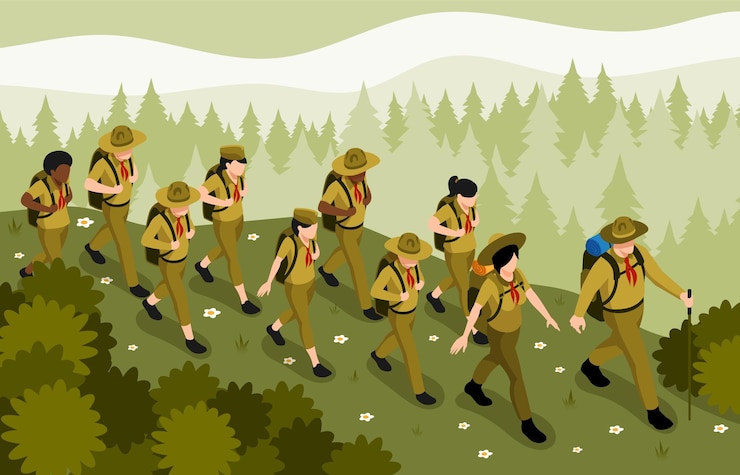 Vector gratuito mentores adultos que guían a los niños exploradores en grupo de senderismo en la naturaleza del bosque salvaje