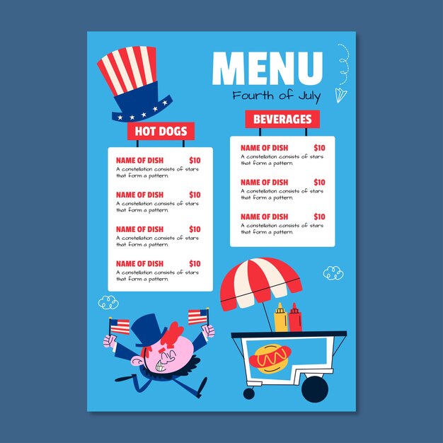 Menú del 4 de julio del restaurante moderno de la calle principal dibujado a mano