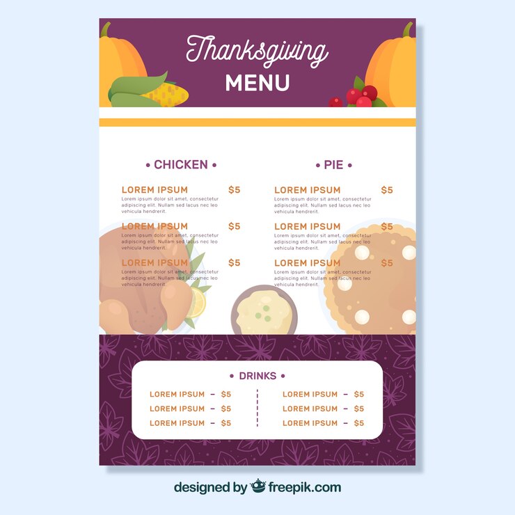 Vector gratuito menú de acción de gracias en diseño plano 