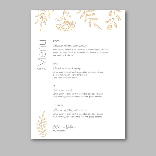 Menú de boda floral mínimo