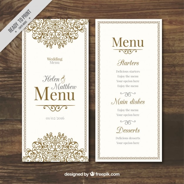 Menú de boda ornamental dibujado a mano