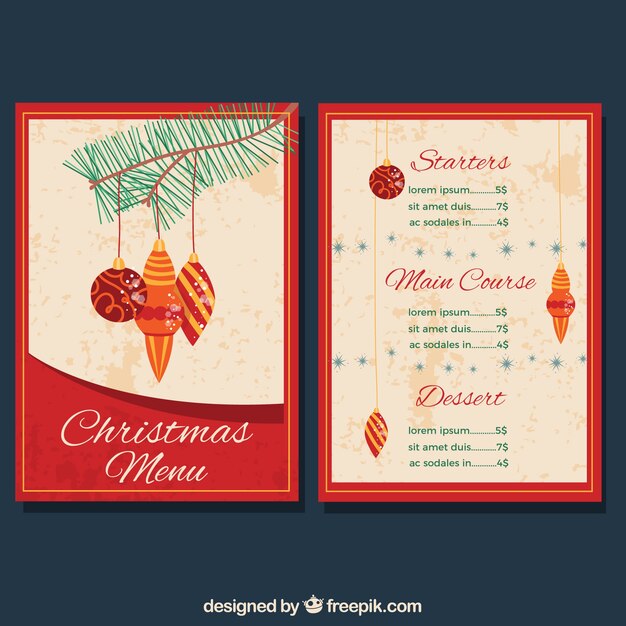 Menú con bolas vintage de navidad