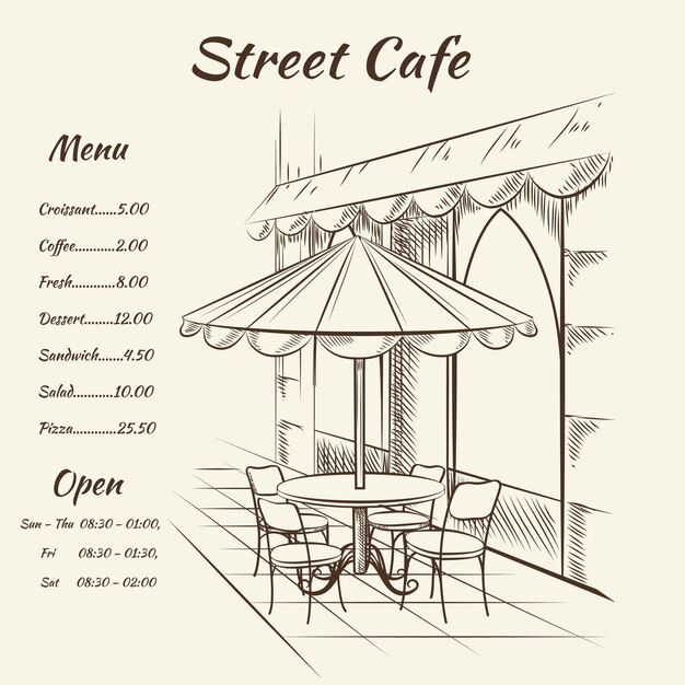 Menú de café callejero dibujado a mano
