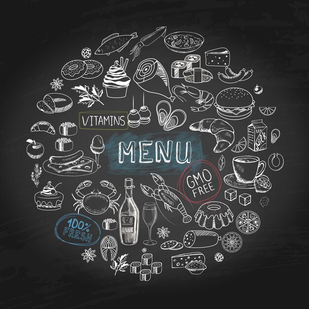 Menú de cafetería dibujado a mano concepto redondo con hamburguesas tortas rosquillas carne mariscos botella de vino taza de té queso rollos de sushi salchicha ilustración de manzana,