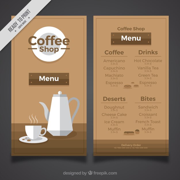 Menú de cafetería en diseño plano