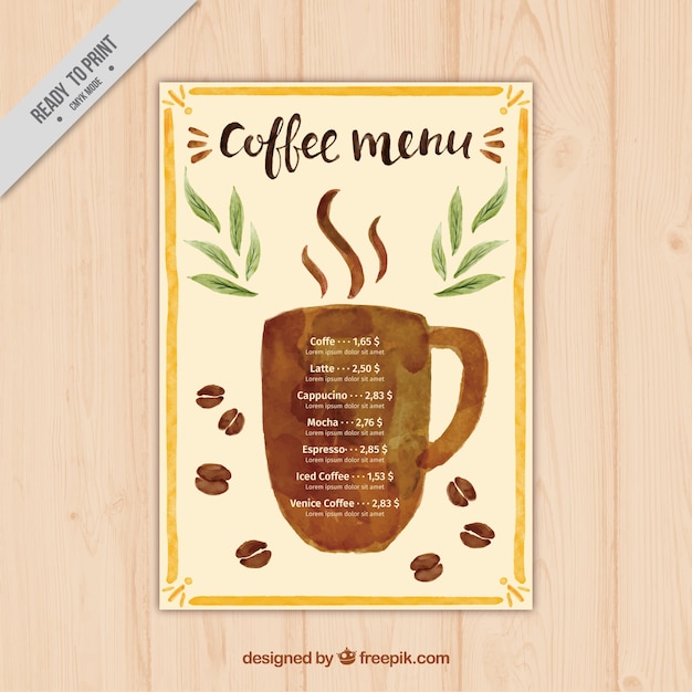 Vector gratuito menú de cafetería con silueta de café de acuarela