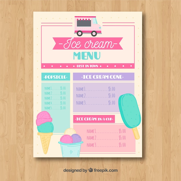 Vector gratuito menú de camión de helados con estilo adorable