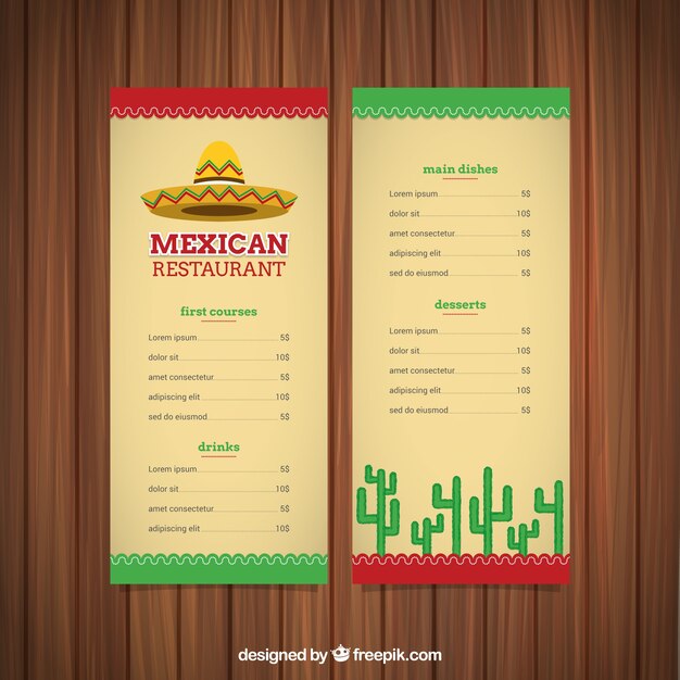 Menú de comida mexicana con un sombrero mexicano y cactus