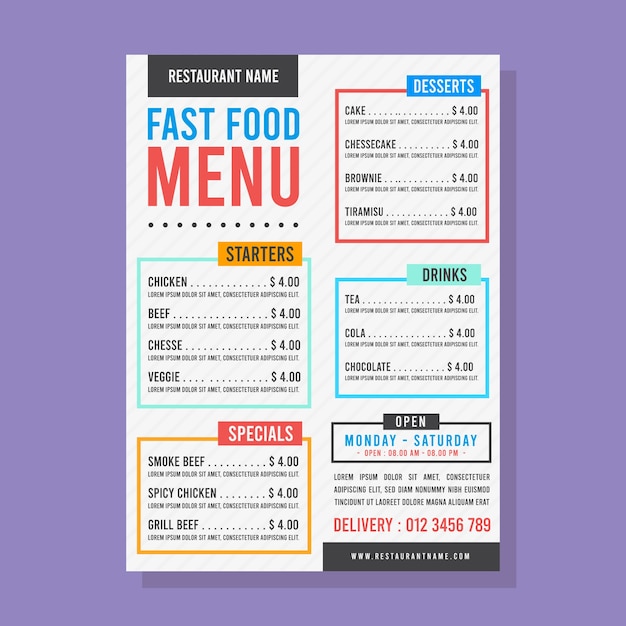 Menú de comida rápida con cuadros de texto coloridos.