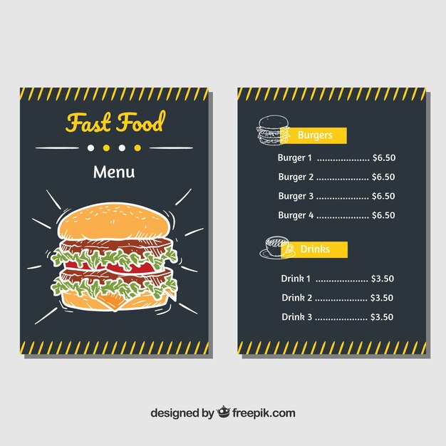 Menú de comida rápida dibujado a mano con detalles amarillos