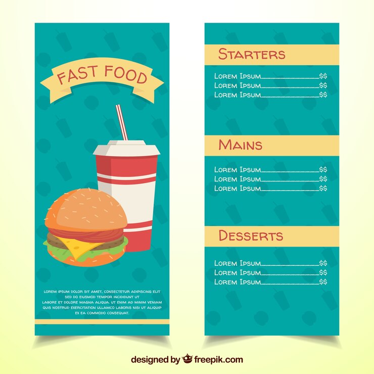 Vector gratuito menú de comida rápida con diseño azul