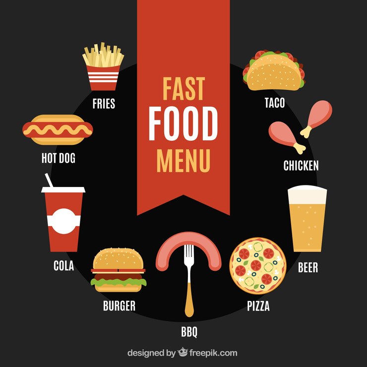 Vector gratuito menú de comida rápida en estilo plano