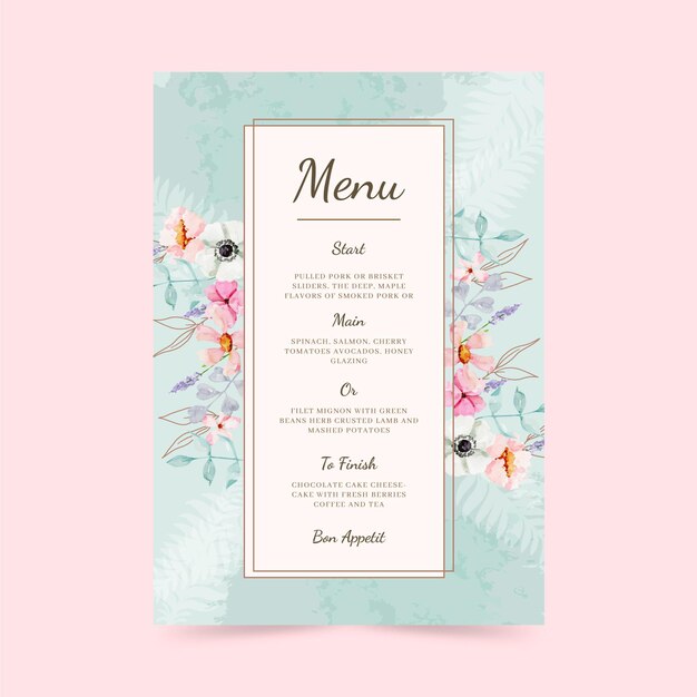 Menú de comida sabrosa floral acuarela
