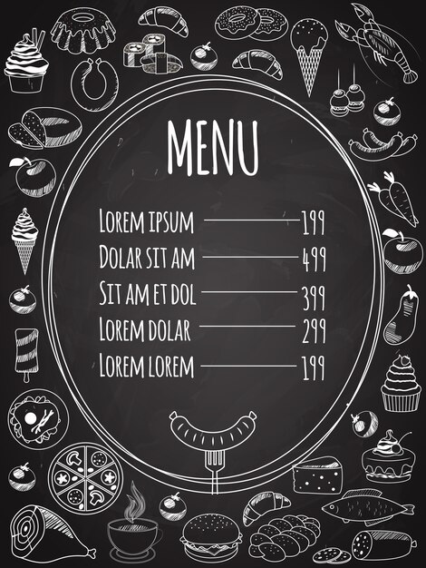 Menú de comida de vector escrito en pizarra con decoración de comida en el lateral