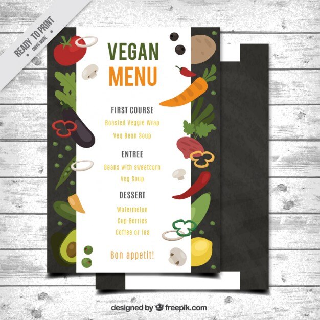 Menú de comida vegana, dibujado a mano