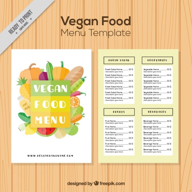 Menú de comida vegana en diseño plano 