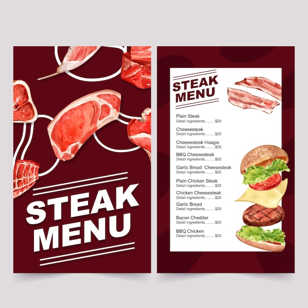 Vector gratuito menú del día mundial de la comida para restaurante. con varias ilustraciones en acuarela de carne.