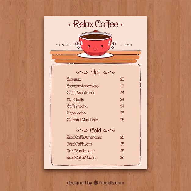 Menú dibujado a mano para cafeterías