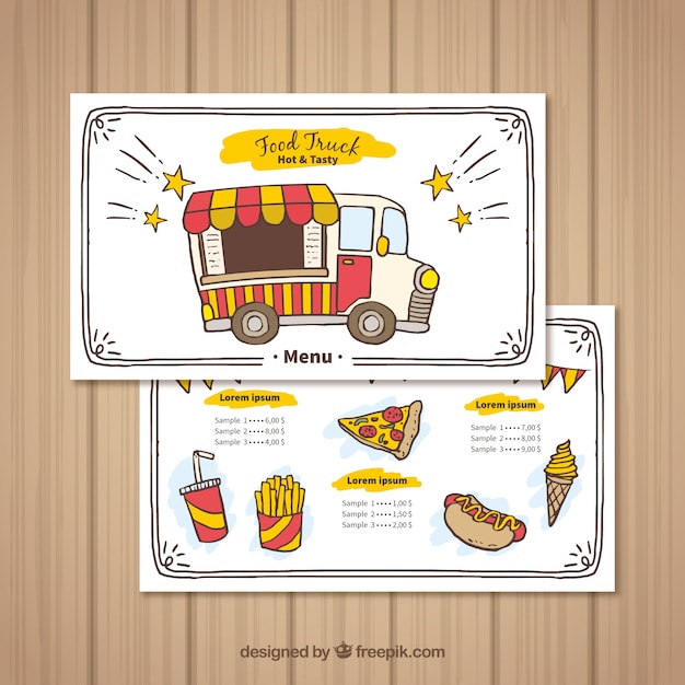 Vector gratuito menú dibujado a mano de food truck con estilo feliz