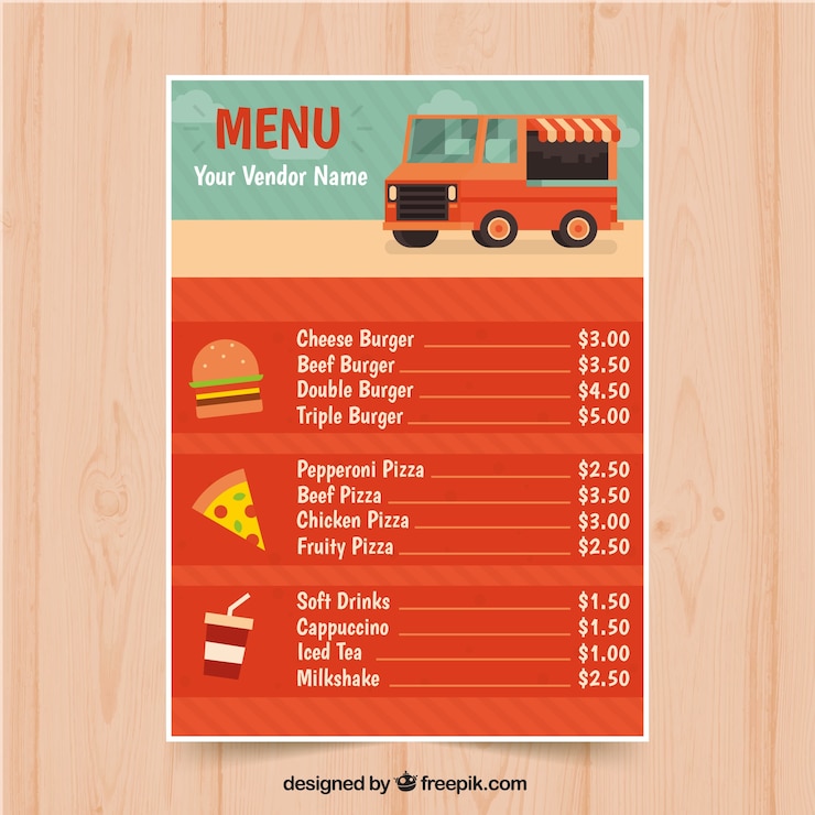 Vector gratuito menú divertido de food truck con diseño plano